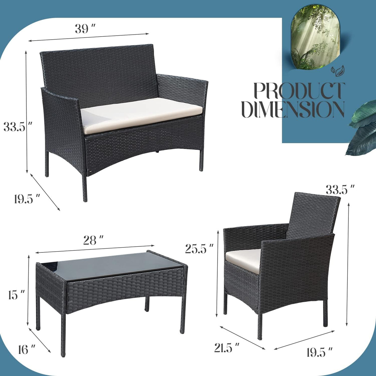 Greesum Muebles de patio de 4 piezas para conversación al aire libre, sillas de mimbre para jardín, balcón, porche, sofá biplaza junto a la piscina con cojín y mesa de cristal, negro y beige
