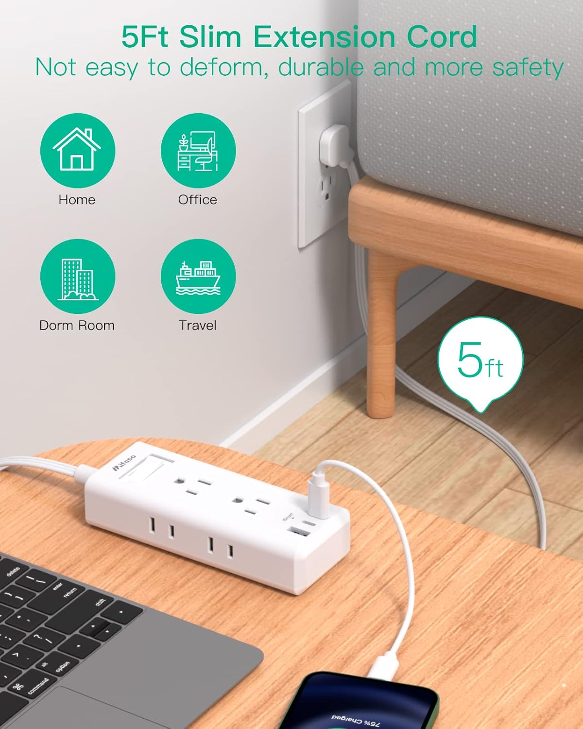 Cable de extensión de enchufe plano, tira de alimentación