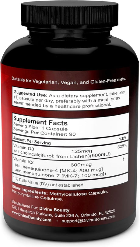 Suplemento de K2 y D3 - 90 cápsulas vegetarianas Non-GMO