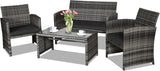 Goplus Juego de muebles de ratán de 4 piezas, sofá de conversación de mimbre para exteriores con cojines resistentes a la intemperie y mesa de vidrio templado para césped, patio, piscina, jardín (negro)