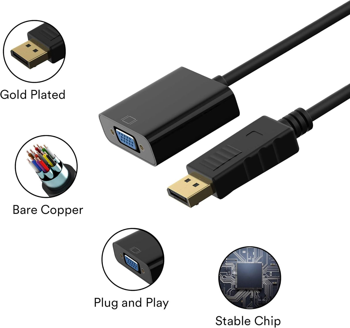 Adaptador DP a VGA, convertidor DisplayPort a VGA chapado en oro macho a hembra 1080P (negro)