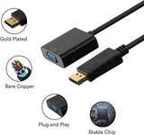 Adaptador DP a VGA, convertidor DisplayPort a VGA chapado en oro macho a hembra 1080P (negro)