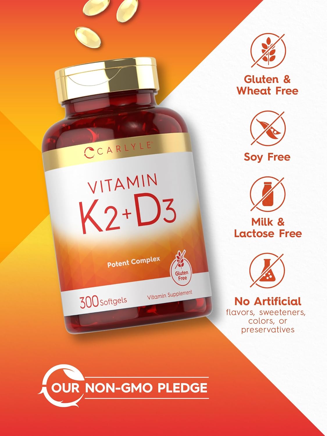 Suplemento de Vitamina K2 y D3 Carlyle, 300 Softgels, 200mcg K2