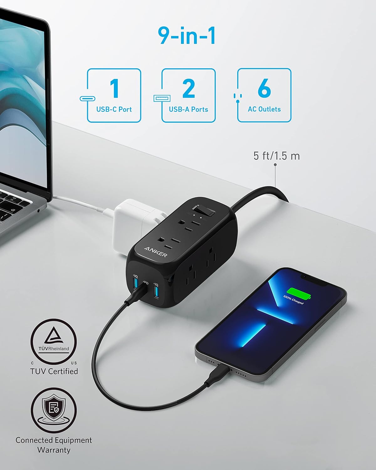 Anker 332 USB C - Protector de sobretensiones (300J), 6 salidas
