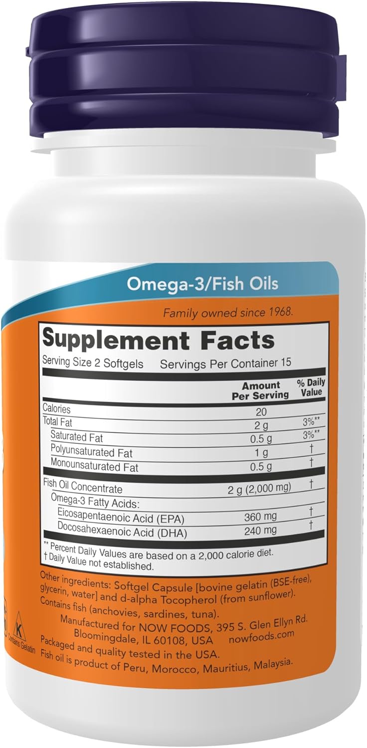 Suplementos Omega-3 NOW Foods, 180 EPA / 120 DHA, 30 gelatinas