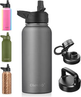 CIVAGO Botella de agua aislada de 32 onzas con pajilla, botella de agua deportiva de acero inoxidable con 3 tapas (pajilla, boquilla y tapa de asa), taza térmica de viaje de boca ancha, gris frío