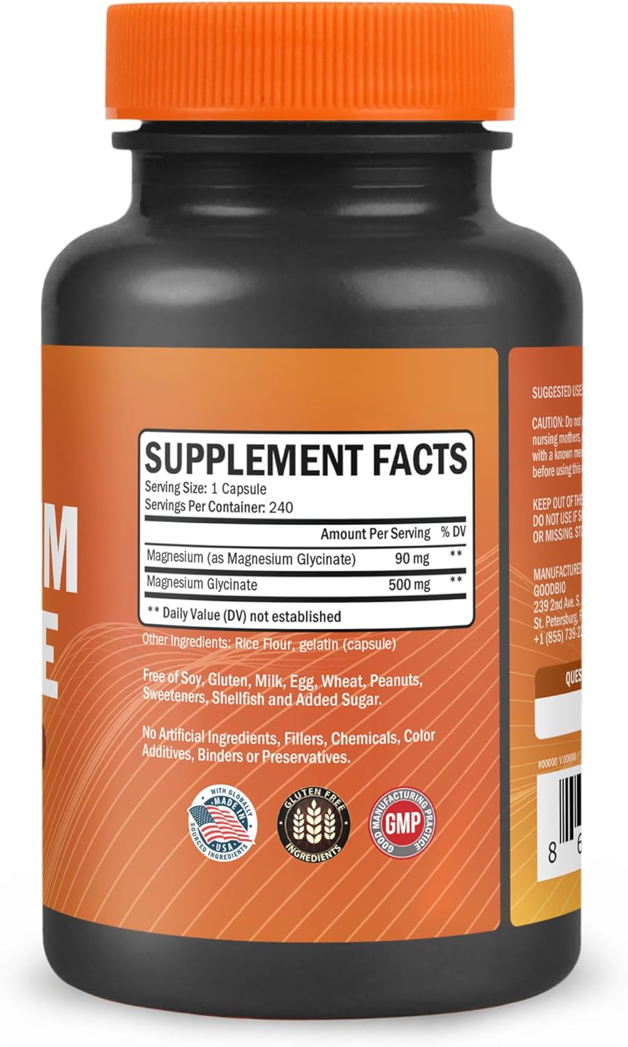 Magnesium Glycinato - Suplemento de 500mg, 240 cápsulas