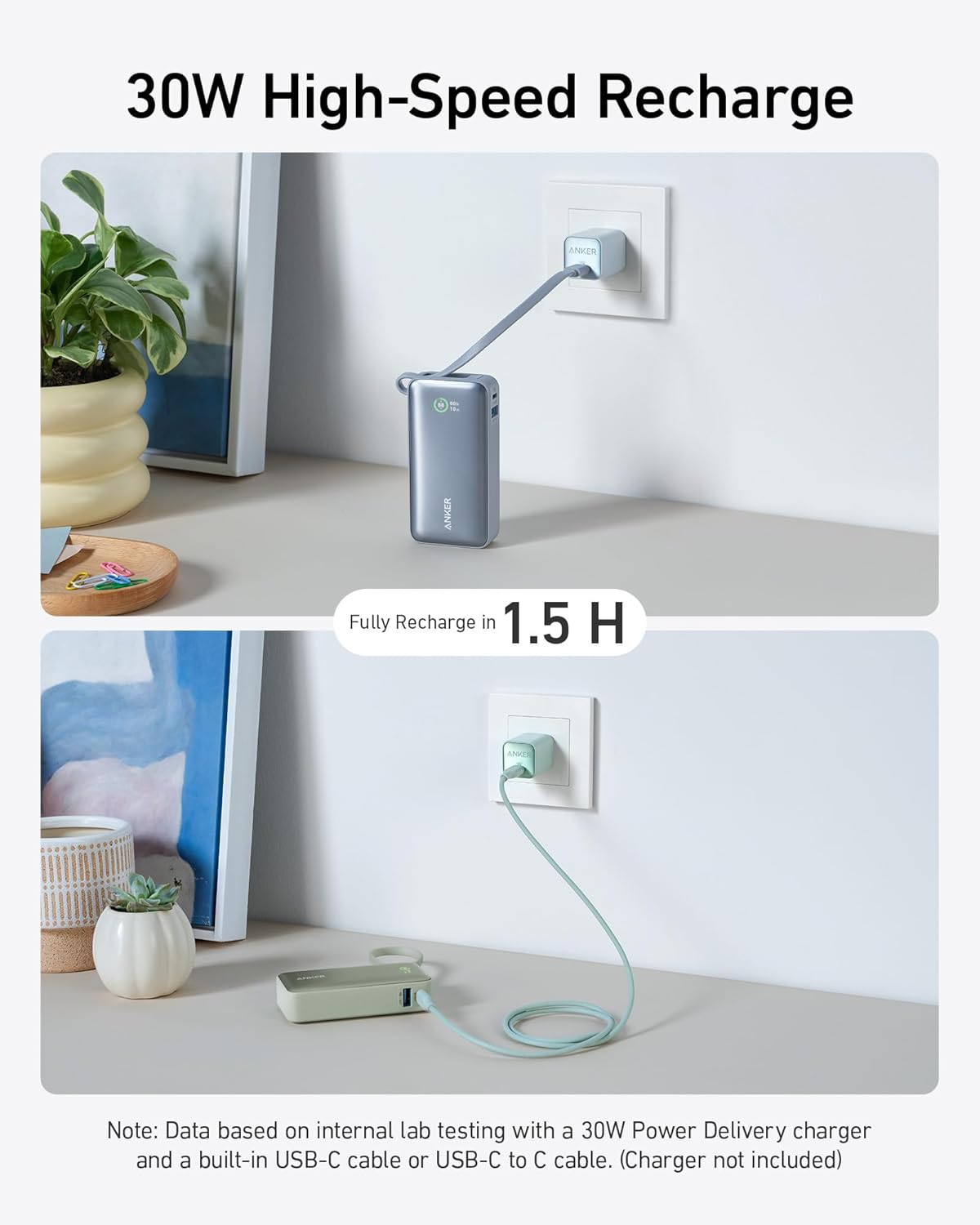 Cargador portátil de 10K con cable USB-C integrado PD 30