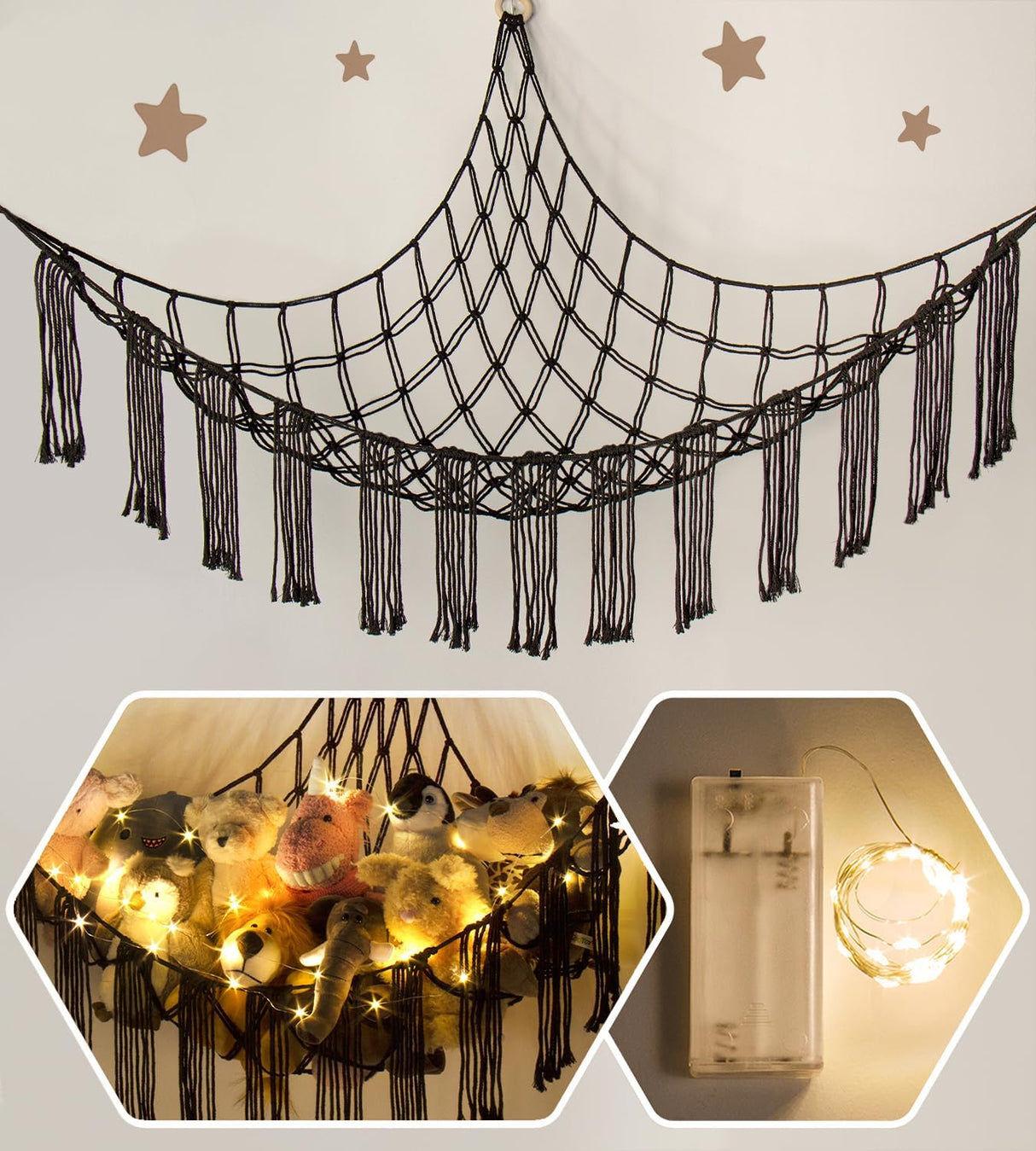 Hamaca de Macramé para Peluches - Organizador con Luz LED