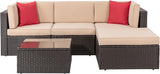 Shintenchi Juego de muebles de patio de 5 piezas para exteriores para todo tipo de clima, juego de sofá seccional de ratán de polietileno con mesa de cristal, cojín otomano y almohadas rojas
