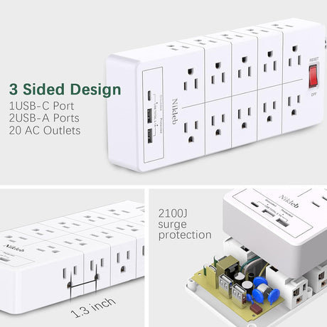Protector de sobretensiones 23 en 1, cable de extensión de 6 pies