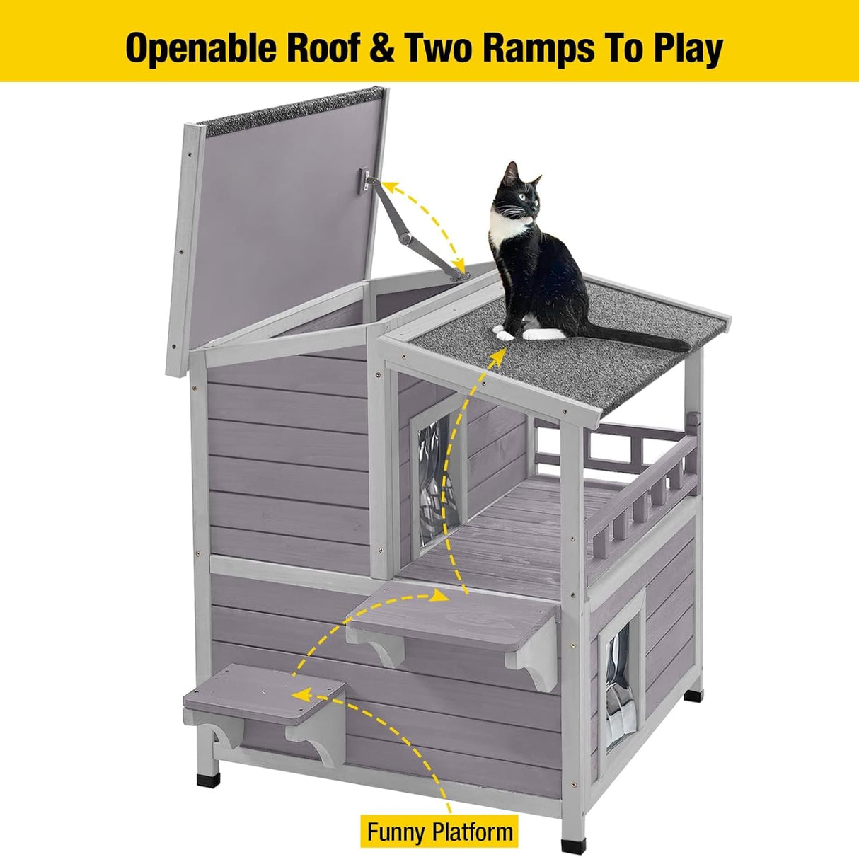 Casa para Gatos Feral Aivituvin, Madera, Balcón y Puerta de Escape