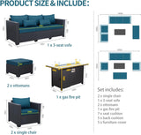 Muebles de patio para exteriores, 60000 BTU, juego de mesa para fogata de propano para exteriores, juego de muebles de patio de 45 pulgadas, 6 piezas, sofá de patio, sillas de exterior, cojines antideslizantes, fundas impermeables, color azul pavo real
