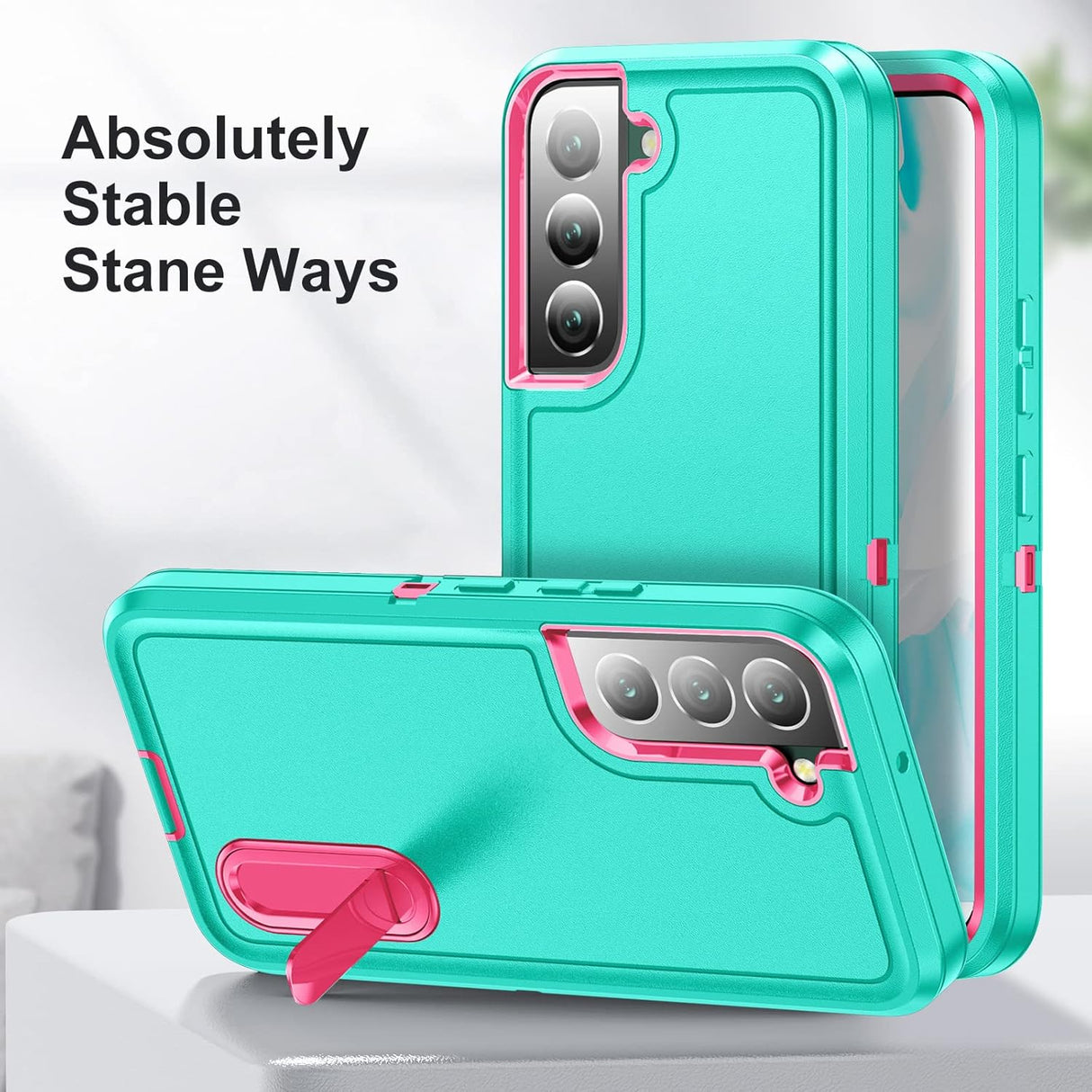 BaHaHoues Funda para Samsung Galaxy S22, Samsung S22 con soporte integrado, a prueba de golpes, polvo y caídas, de grado militar, funda protectora para Galaxy S22 5G de 6.1 pulgadas (azul aguamarina/rosa)