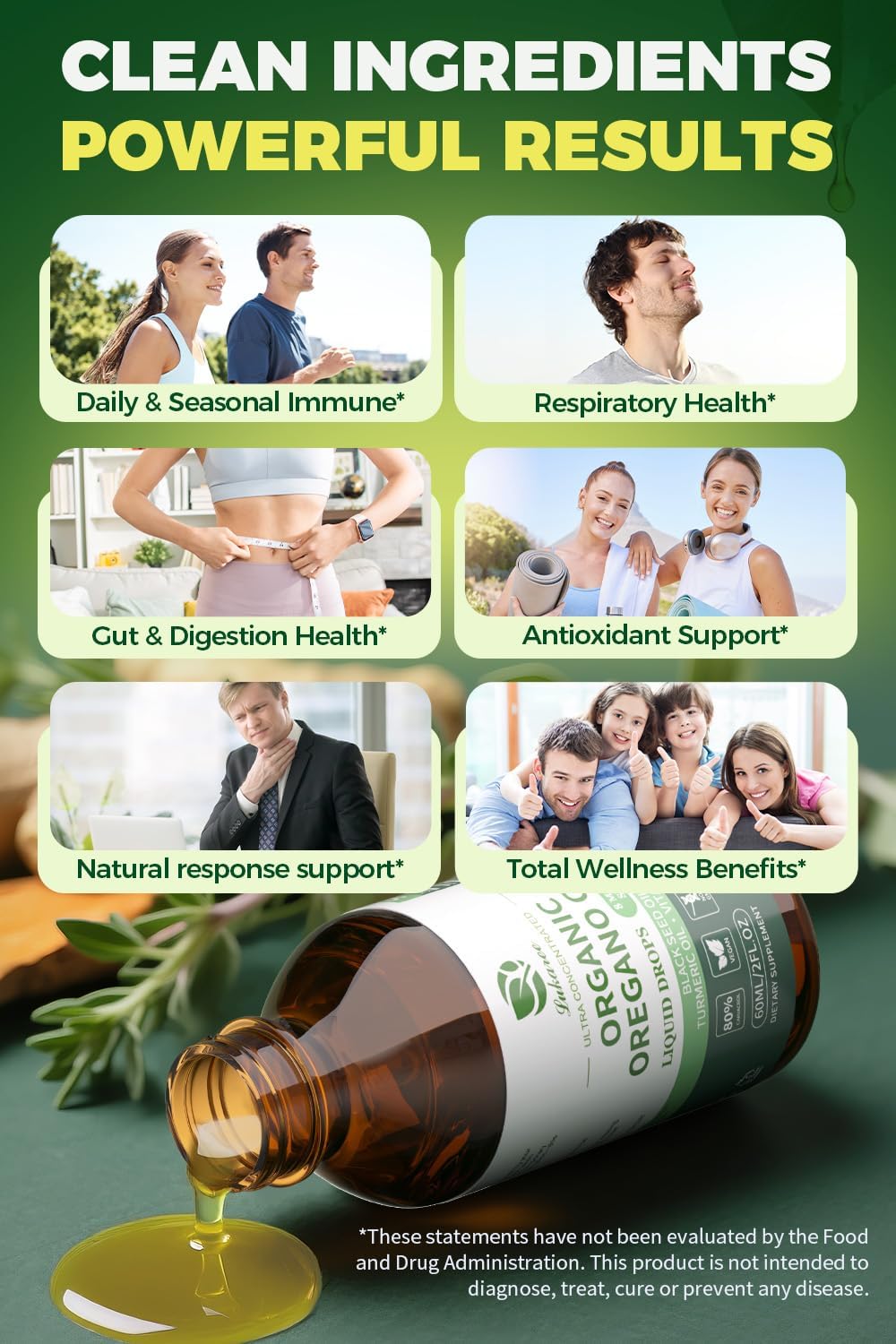 Aceite de Orégano Orgánico 80% Carvacrol con Semilla Negra, Cúrcuma y Vitamina E - Apoyo Inmunológico, Respiratorio y Digestivo - Vegano, Sin Azúcar, No GMO, 8 meses, 2 oz
