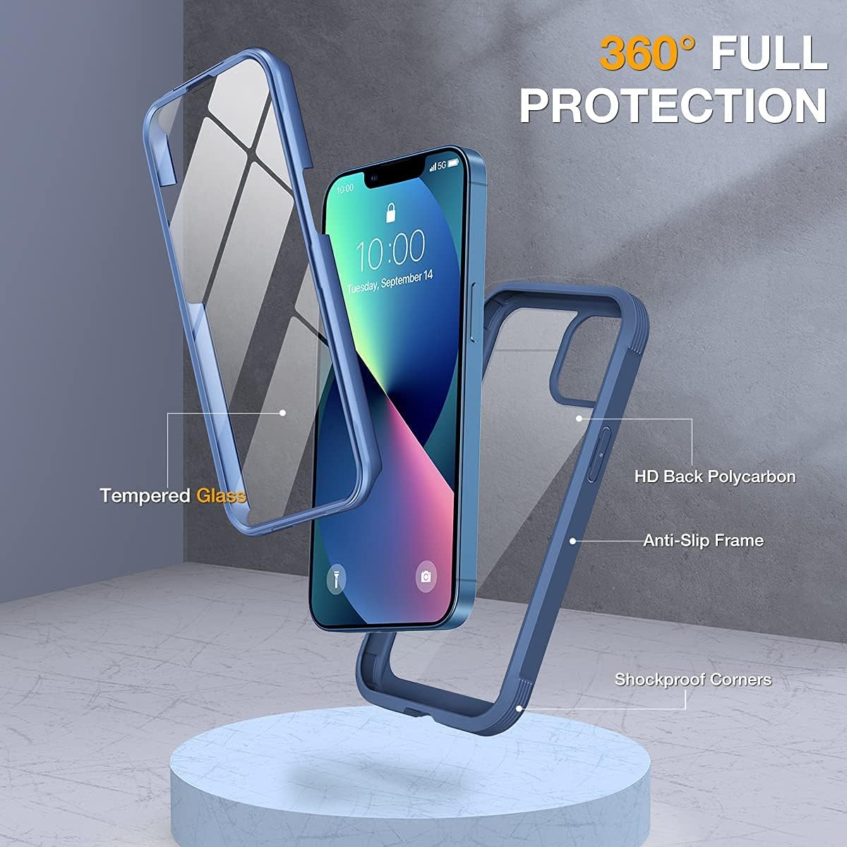 Miracase Funda compatible con iPhone 13 de 6.1 pulgadas, 2021 carcasa transparente de cristal de cuerpo completo con protector de pantalla de cristal templado 9H incorporado para iPhone 13, azul oscuro