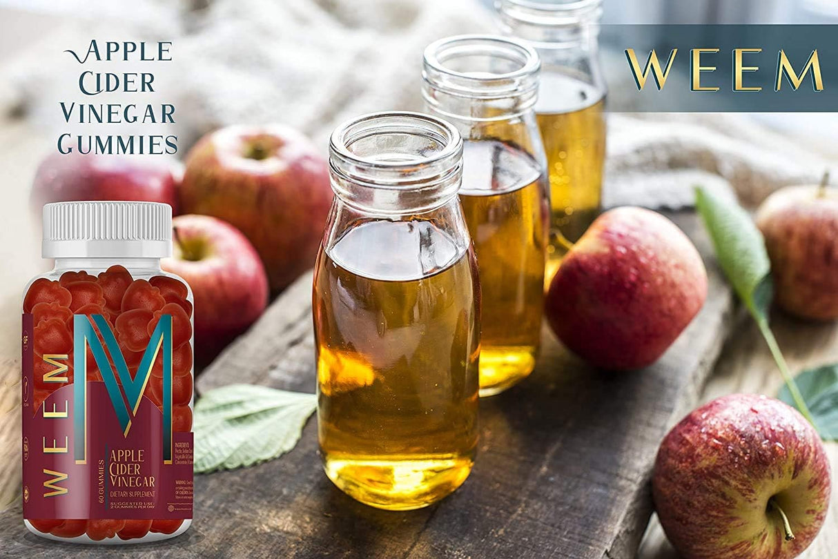 WEEM Gomitas de vinagre de sidra de manzana, natural, vegano con ácido fólico, sin gluten, vitamina B12, suplemento de desintoxicación y peso premium, ayuda a la digestión para mujeres y hombres