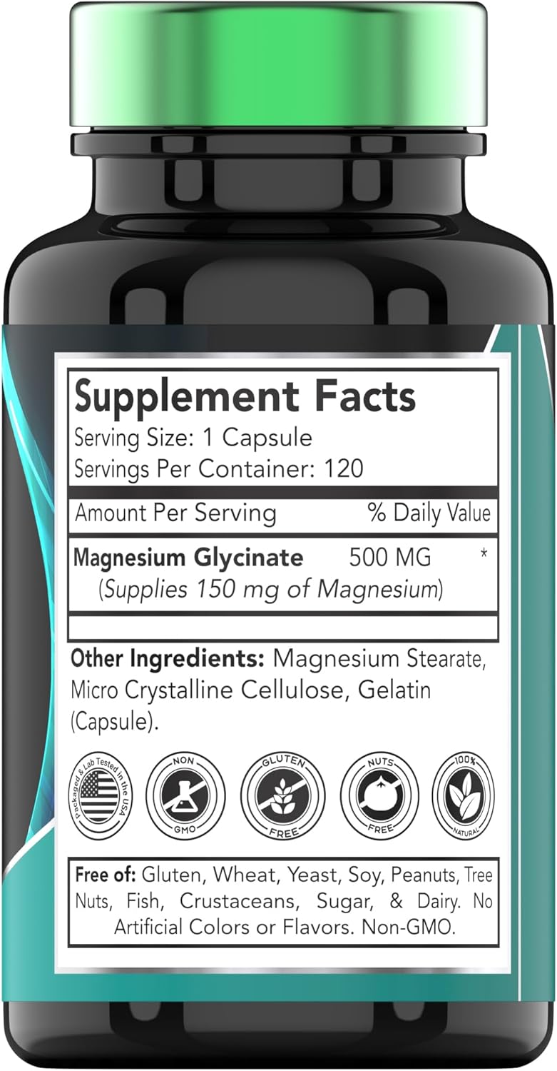 Magnesio Glicinato 500mg, 120 cápsulas, para dormir y nervios