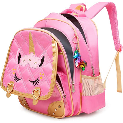 Morral escolar impermeable para niñas de unicornio rosado