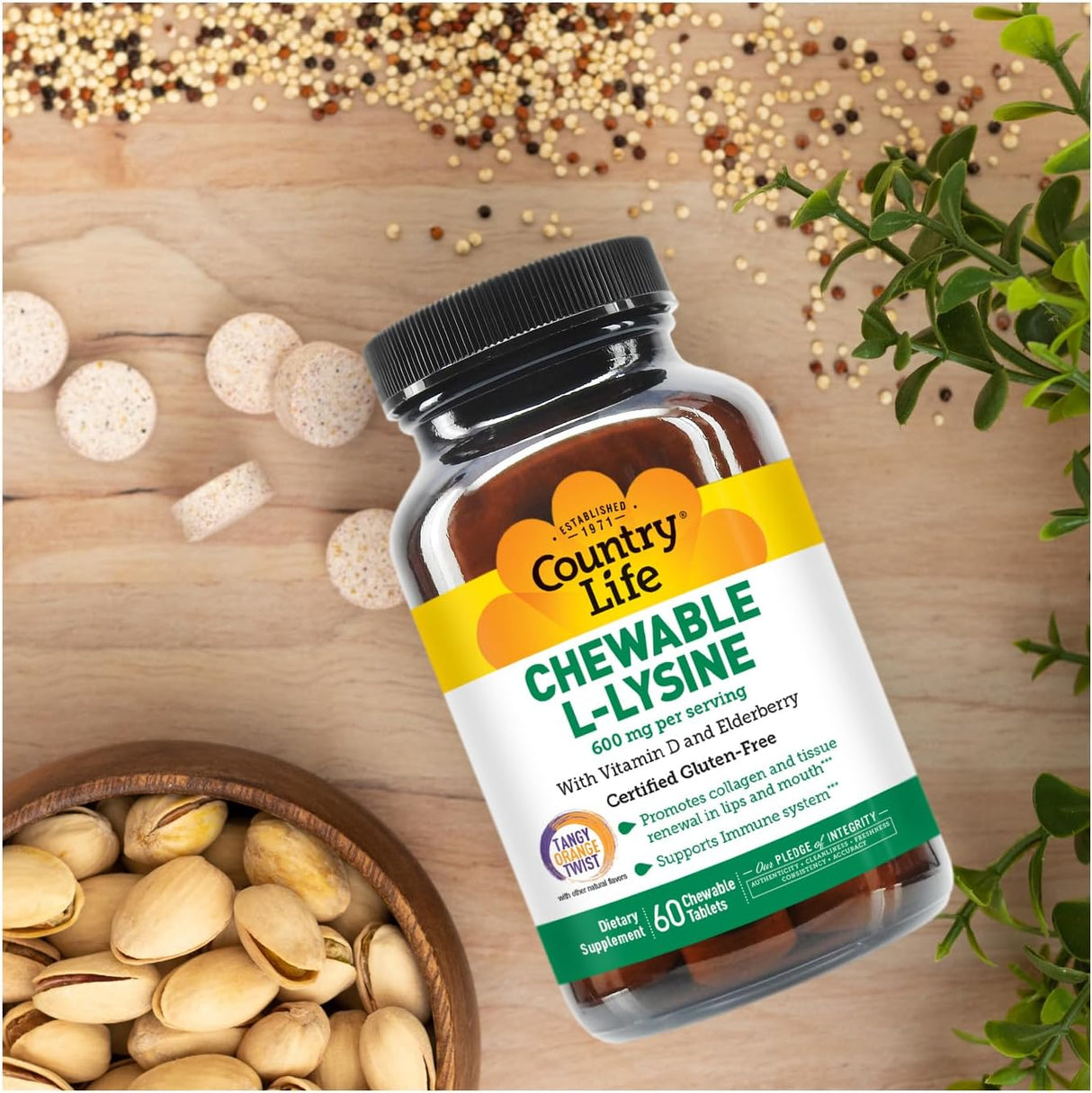 Suplemento L-Lisina Chewable Country Life, Inmunidad y Colágeno