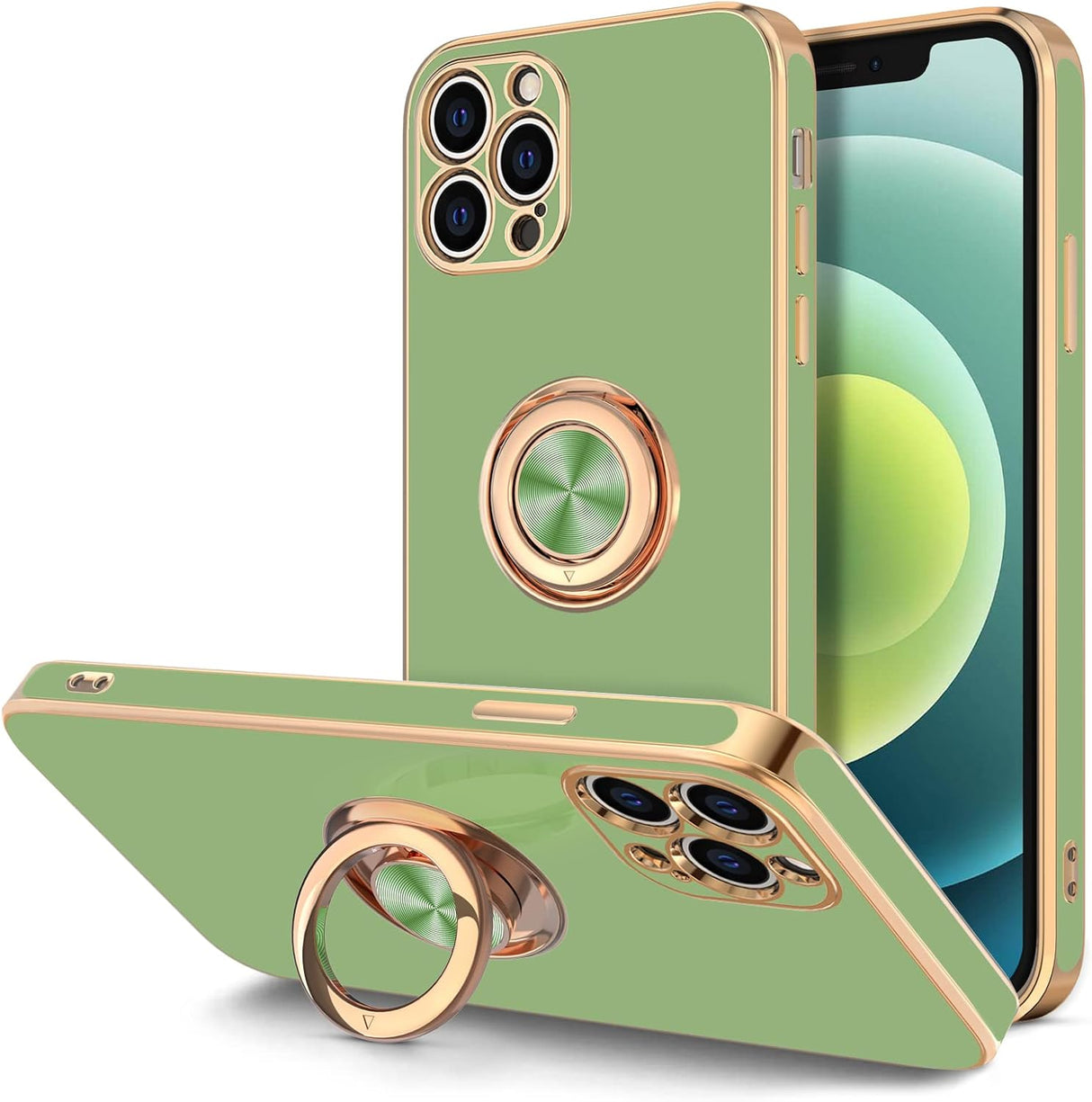 Hython Funda para iPhone 12 Pro Max con soporte de anillo [soporte de anillo giratorio de 360°] [forro de microfibra suave] Carcasa protectora de teléfono con borde de oro rosa, verde claro