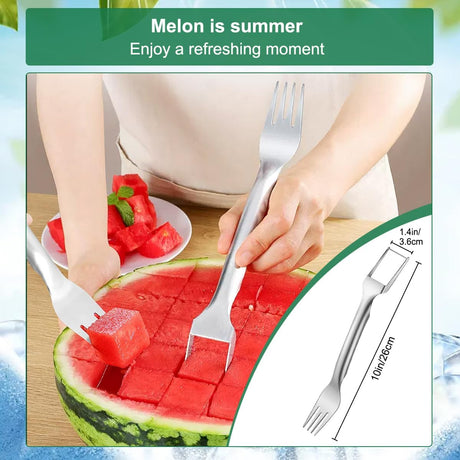 Herramienta de corte de sandía para cortar frutas, 2 en 1, cortador de cubo de sandía de acero inoxidable, cortador de tenedor de melón, cuchillo de corte de cubo de sandía de doble cabeza (1 unidad)