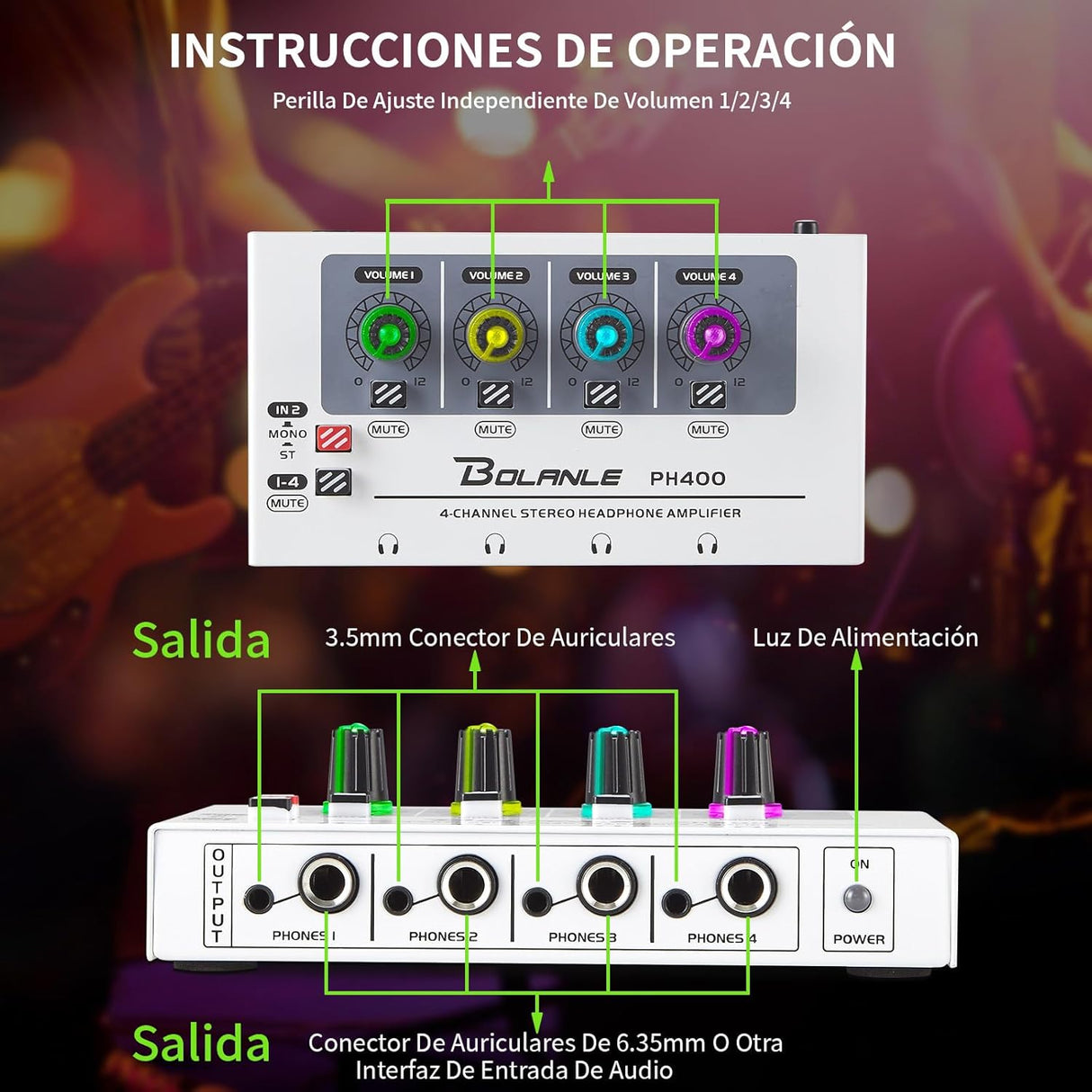 Amplificador de auriculares 4 canales con salidas para 8 auriculares