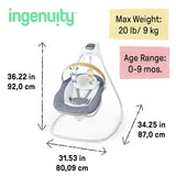 Ingenuity SimpleComfort - Columpio compacto relajante, barra de juguetes giratoria, asiento giratorio, 6 velocidades, para edades de 0 a 9 meses, hasta 20 libras, color cambray