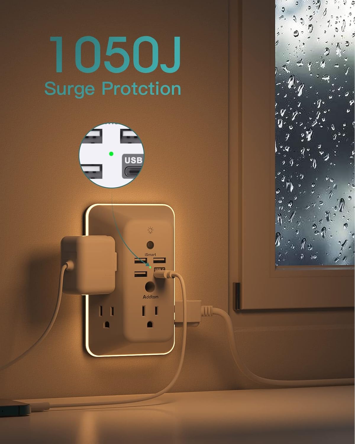 Protector de Sobretensión con USB Addtam 5 Tomas y Luz Nocturna