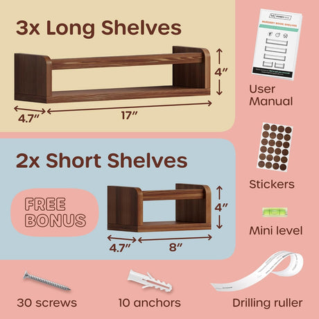 Estanterías Flotantes para Libros, 3 Largas y 2 Mini, 5-IN-1