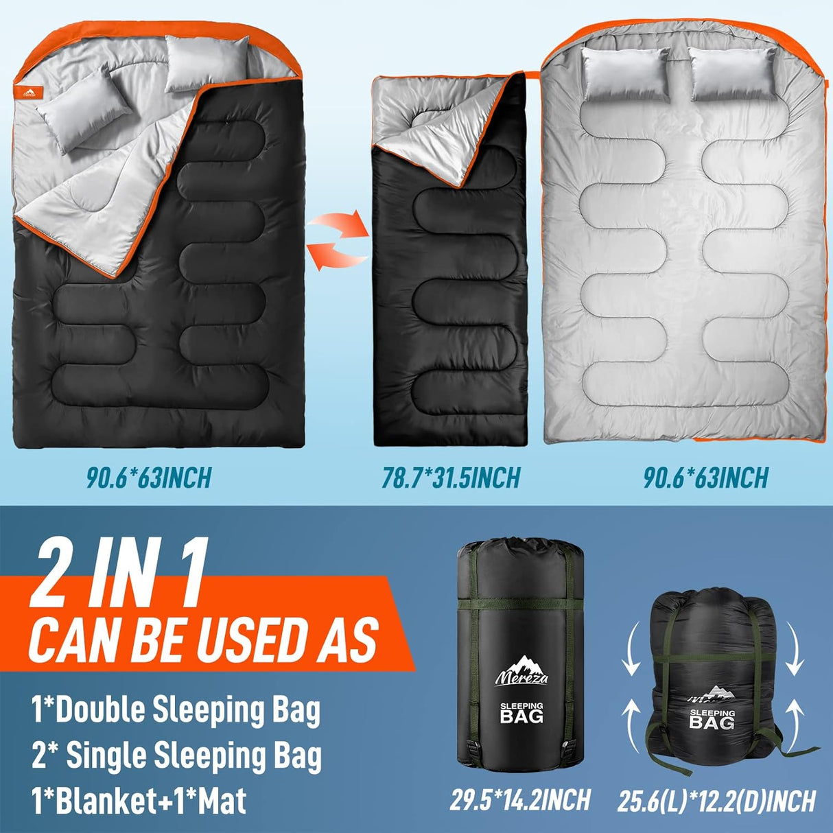 Saco de Dormir Doble XL para Adultos, Clima Frío y Cálido