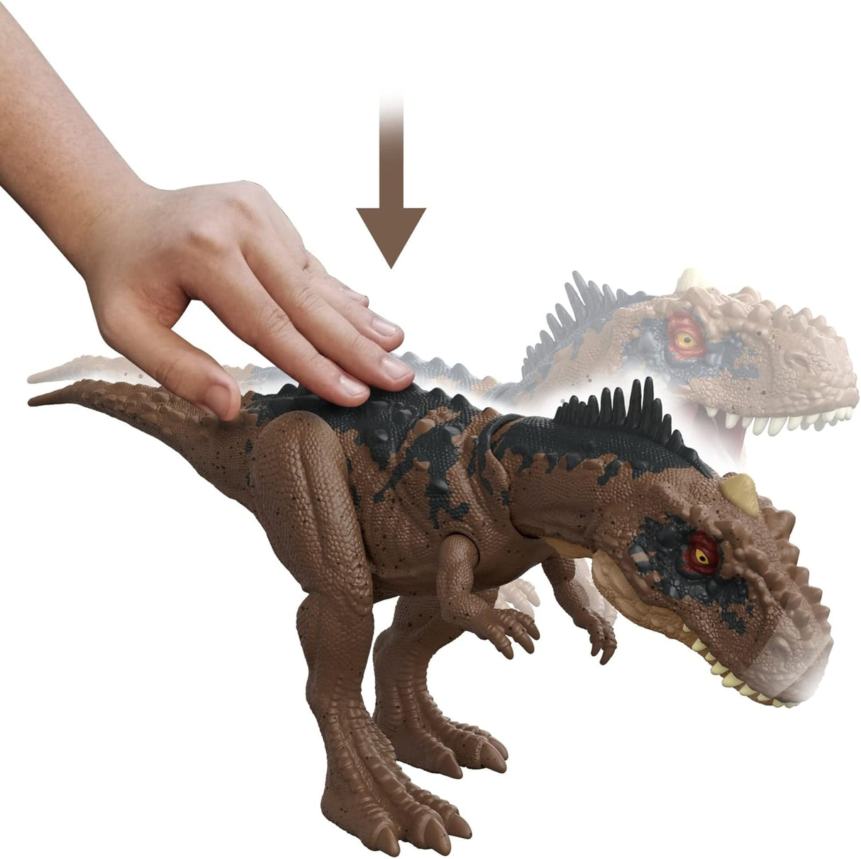 Figura de acción Rajasaurus de Jurassic World, Mattel, sonido y ataque
