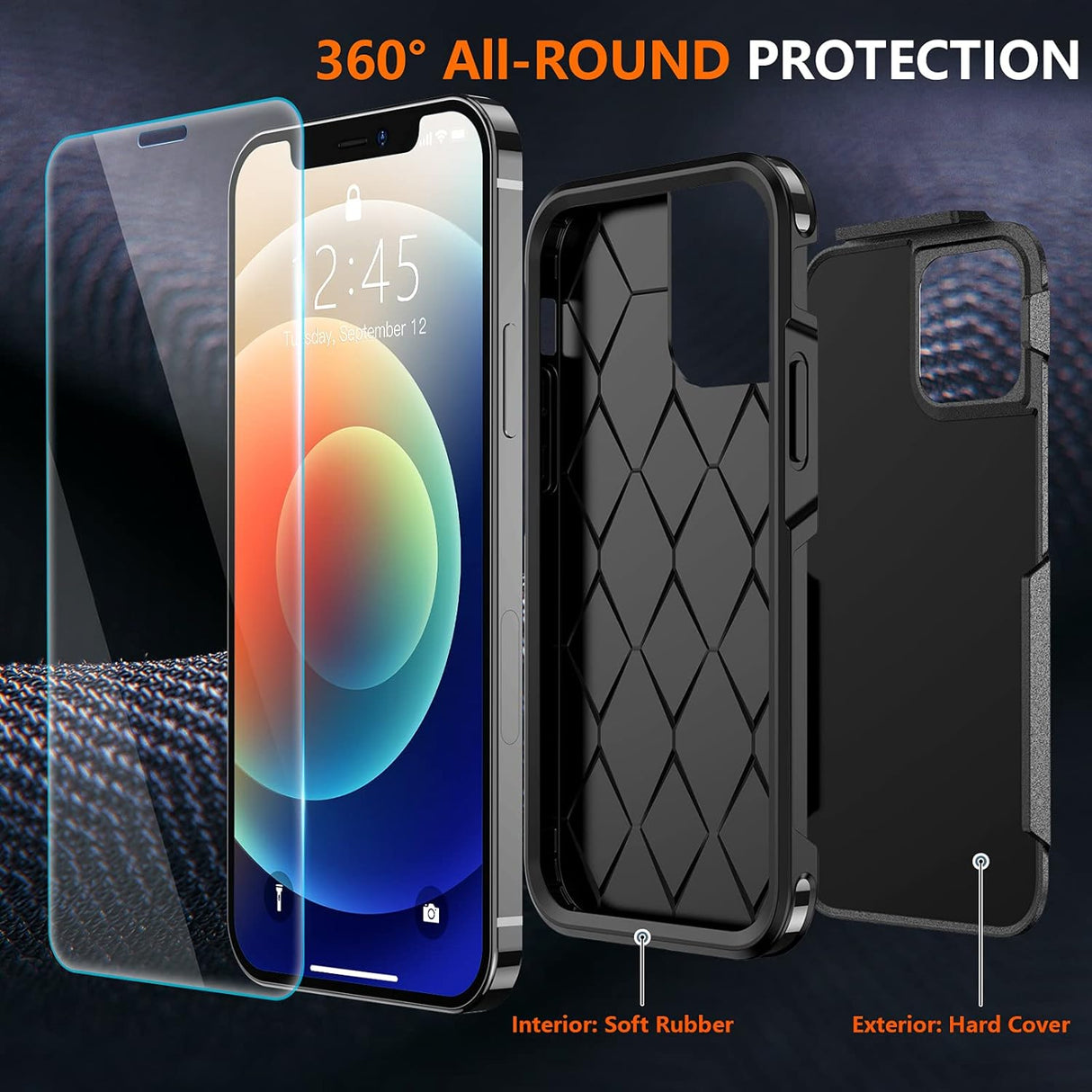 SPIDERCASE Funda para iPhone 12/iPhone 12 Pro, [Protección contra caídas de grado militar de 10 pies] [con 2 protectores de pantalla de vidrio templado] Funda protectora para iPhone 12/12 Pro (negro)