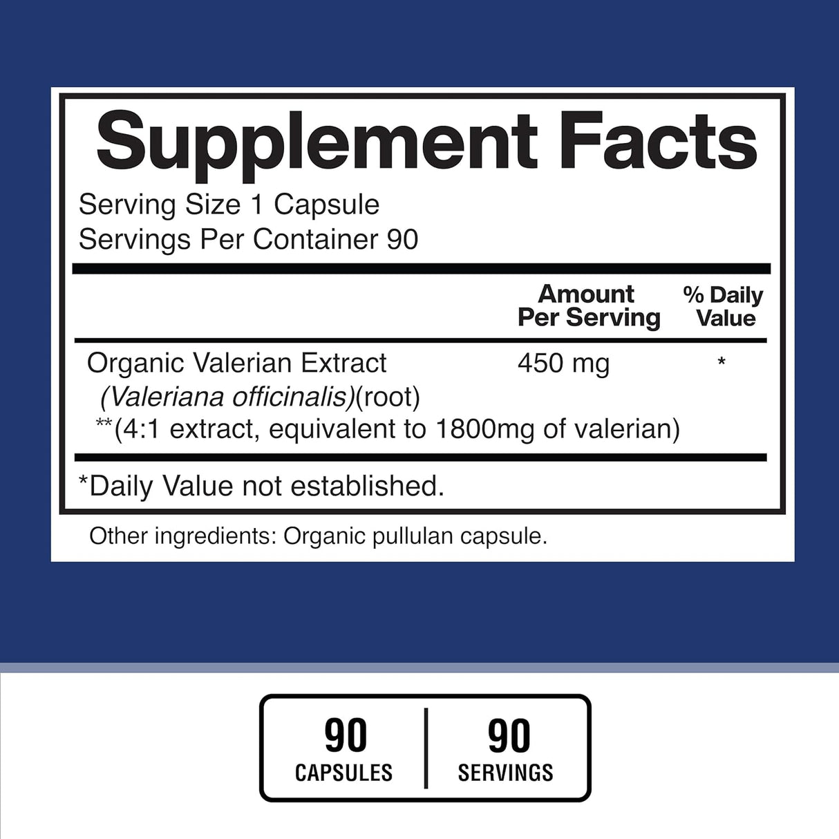 Suplemento Valeriana orgánica de 1800 mg  vegana 90 cáp