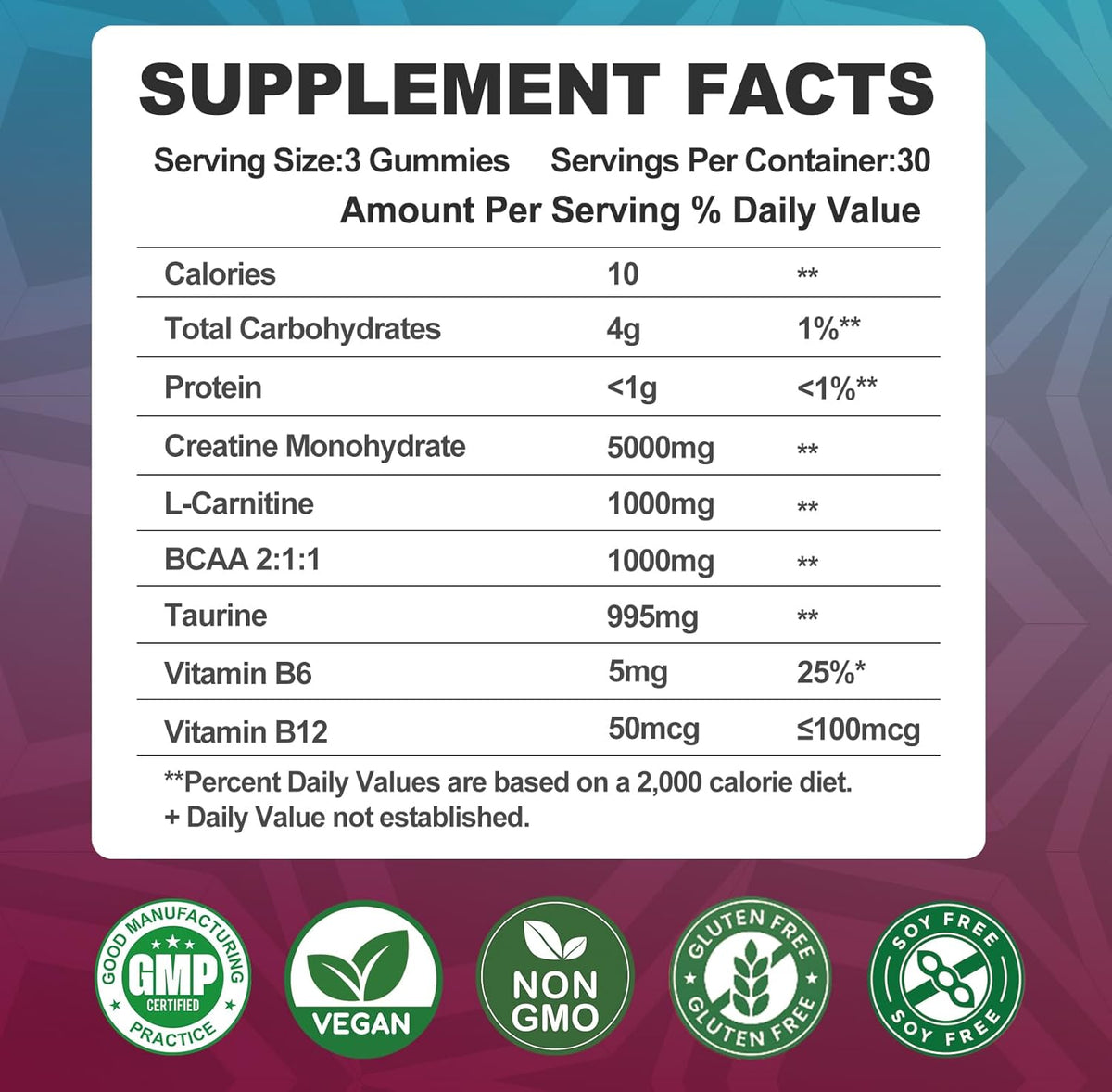 Creatina Monohidrato Gummies con BCAA, L-Carnitina y B12, 90u