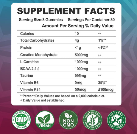 Creatina Monohidrato Gummies con BCAA, L-Carnitina y B12, 90u