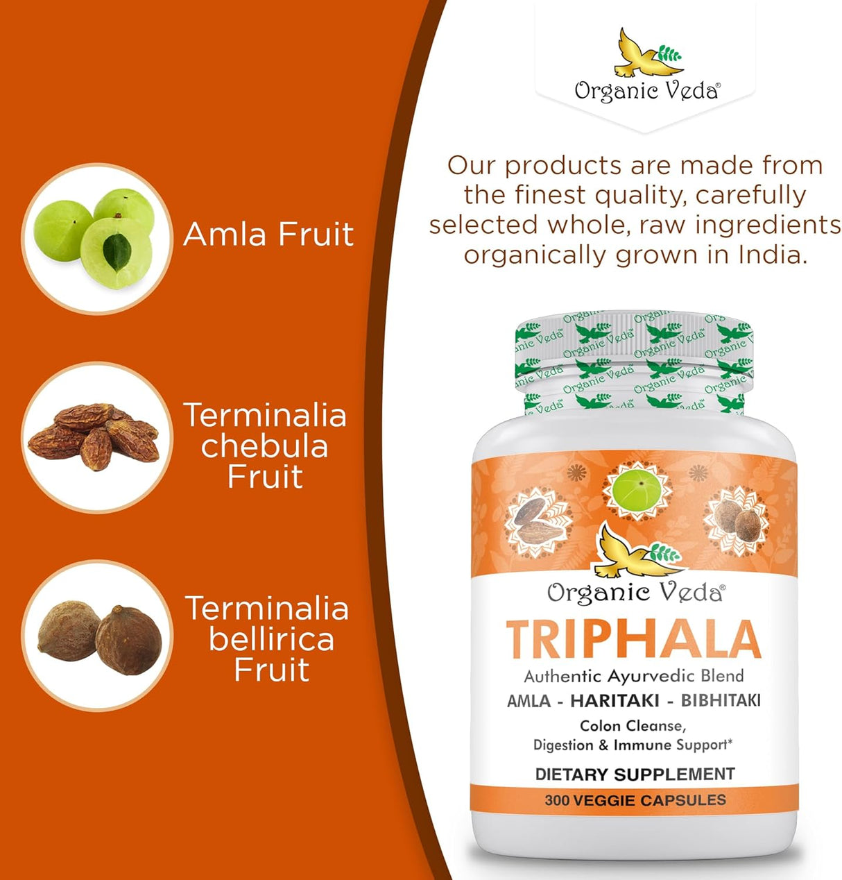 Polvo de Triphala Orgánico 300 Cápsulas - Organic Veda 1000mg