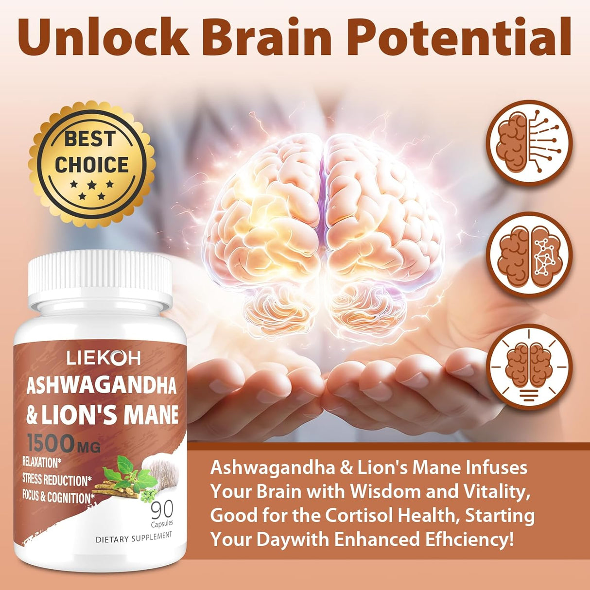 Cápsulas de Ashwagandha y Lion's Mane, Suplemento Cerebral, 90 Caps