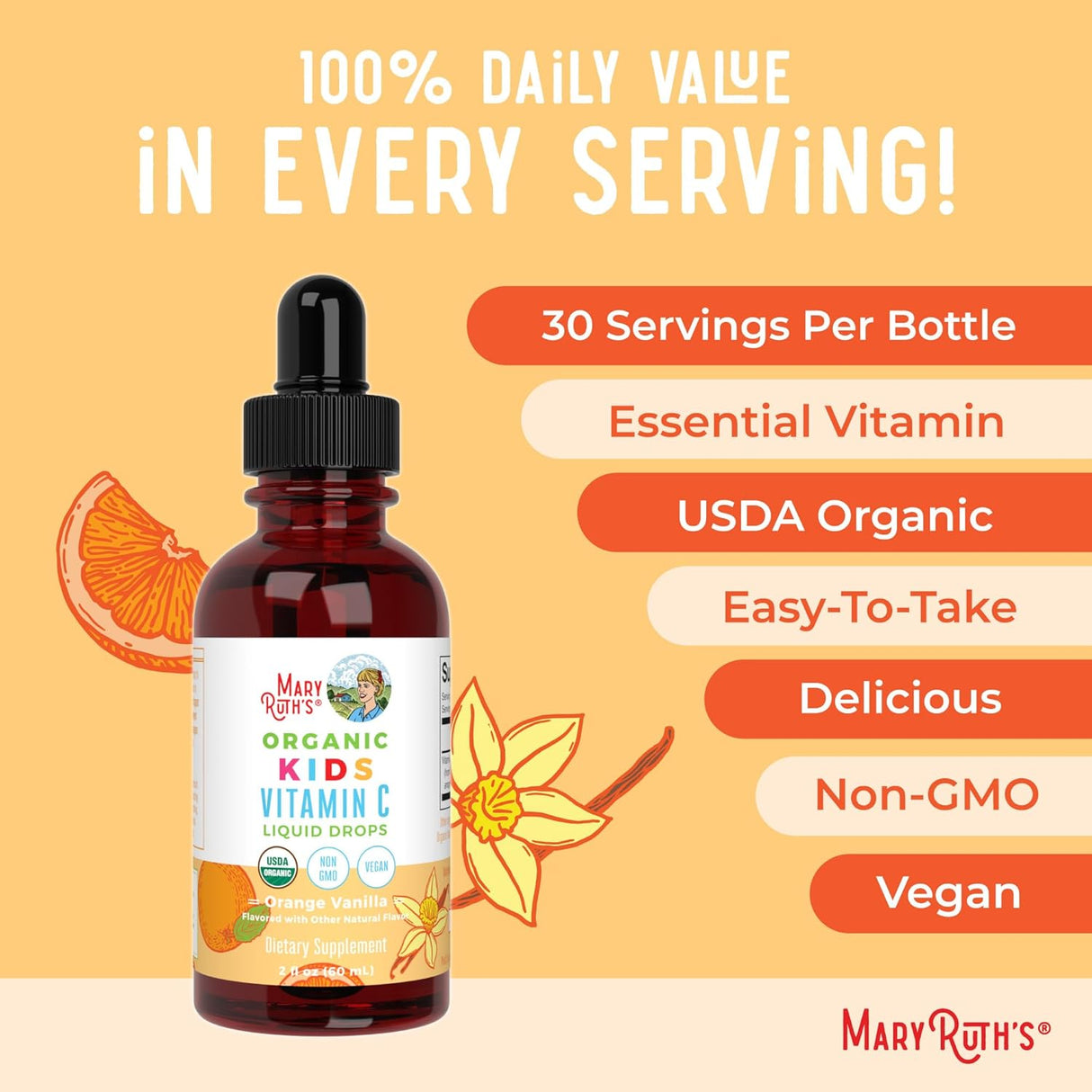 Vitamin C para niños MaryRuth Organics, soporte inmunológico, 2oz