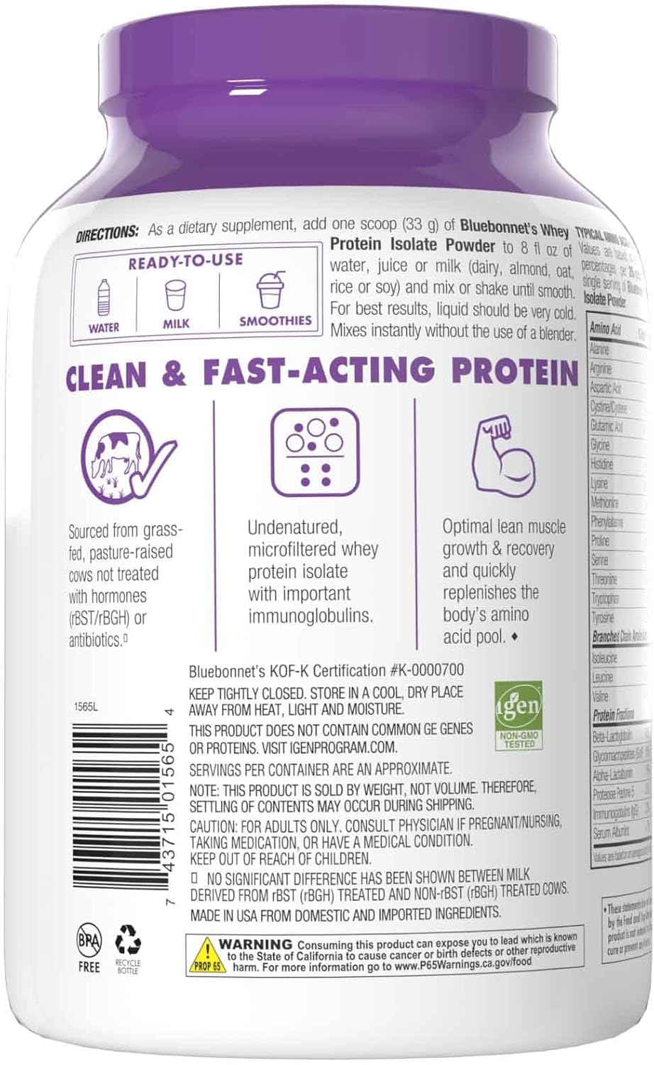 Suero de Proteína Aislada BlueBonnet, 26g, Sin Azúcar, 2L