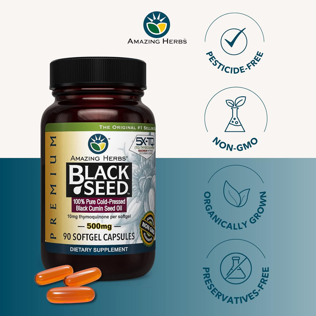 Cápsulas de Aceite de Semilla Negra Amazing Herbs 500mg 90 ct