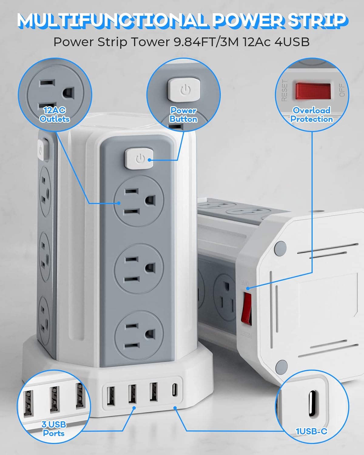 Regleta de protección contra sobretensiones con 12 enchufes de CA y 4 puertos USB, con cable de alimentación de 9.8 pies, apto para casa u oficina