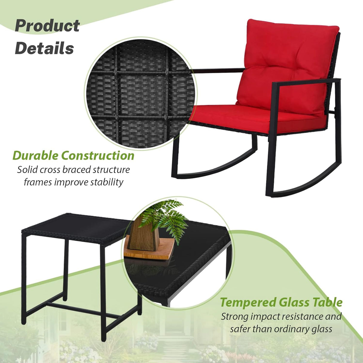 SUNCROWN Juego de 3 piezas de bistró mecedora para exteriores, muebles de mimbre negro, sillas de porche, juegos de conversación con mesa de café de cristal, color rojo