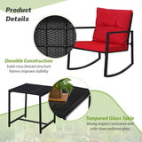 SUNCROWN Juego de 3 piezas de bistró mecedora para exteriores, muebles de mimbre negro, sillas de porche, juegos de conversación con mesa de café de cristal, color rojo