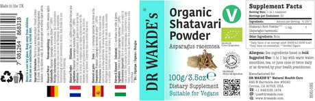 Polvo de Shatavari Orgánico de Dr Wakde, 100g, Vegano, Puro