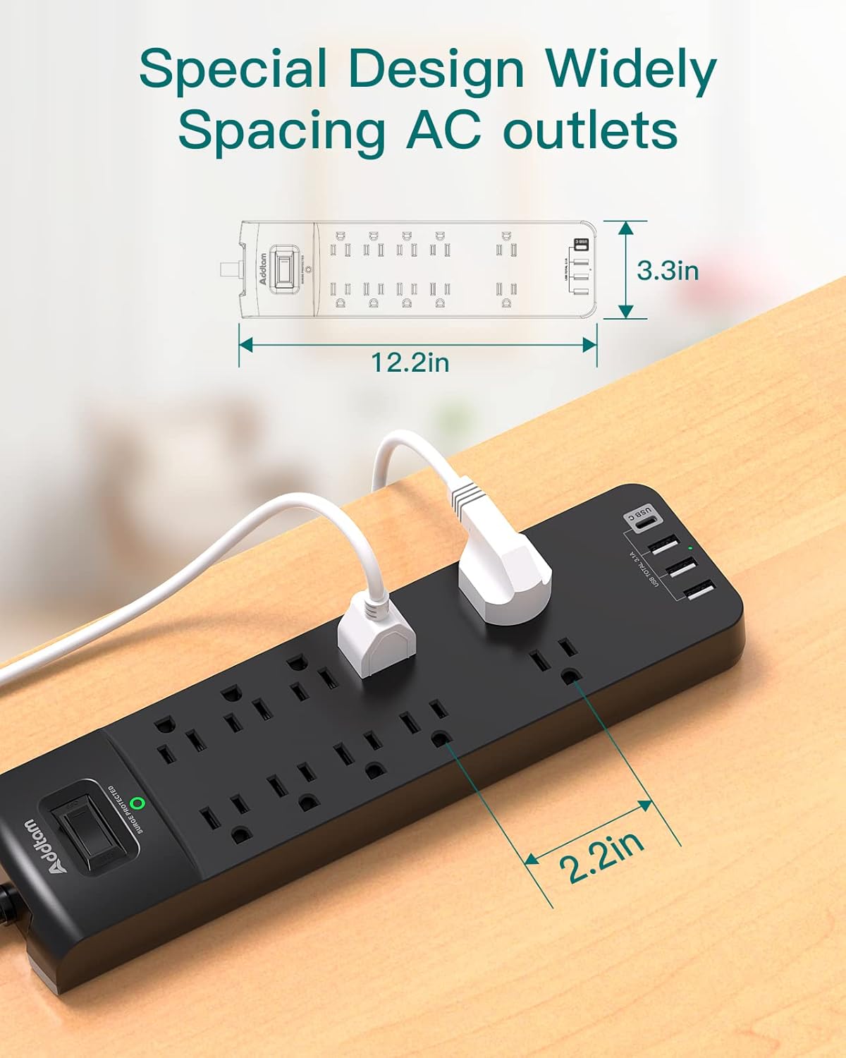 Addtam - Protector de sobretensiones con 10 salidas y 4 USB