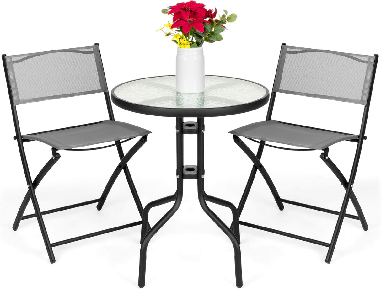 Best Choice Products Juego de muebles de comedor de 3 piezas con mesa de vidrio texturizado, 2 sillas plegables, marco de acero, tela de poliéster, color gris