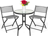 Best Choice Products Juego de muebles de comedor de 3 piezas con mesa de vidrio texturizado, 2 sillas plegables, marco de acero, tela de poliéster, color gris