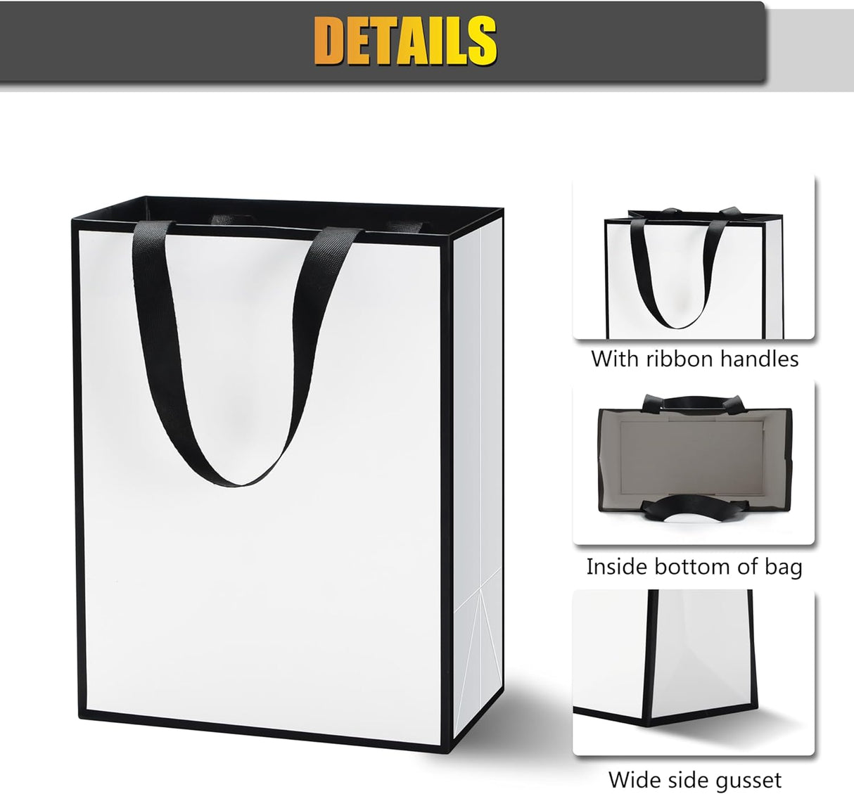 YUEYANG Bolsas de regalo medianas en blanco y negro, paquete de 10 bolsas de regalo de 8 x 4.25 x 10.5 pulgadas con asas de cinta para bodas, cumpleaños, vacaciones, venta al por menor, tienda,