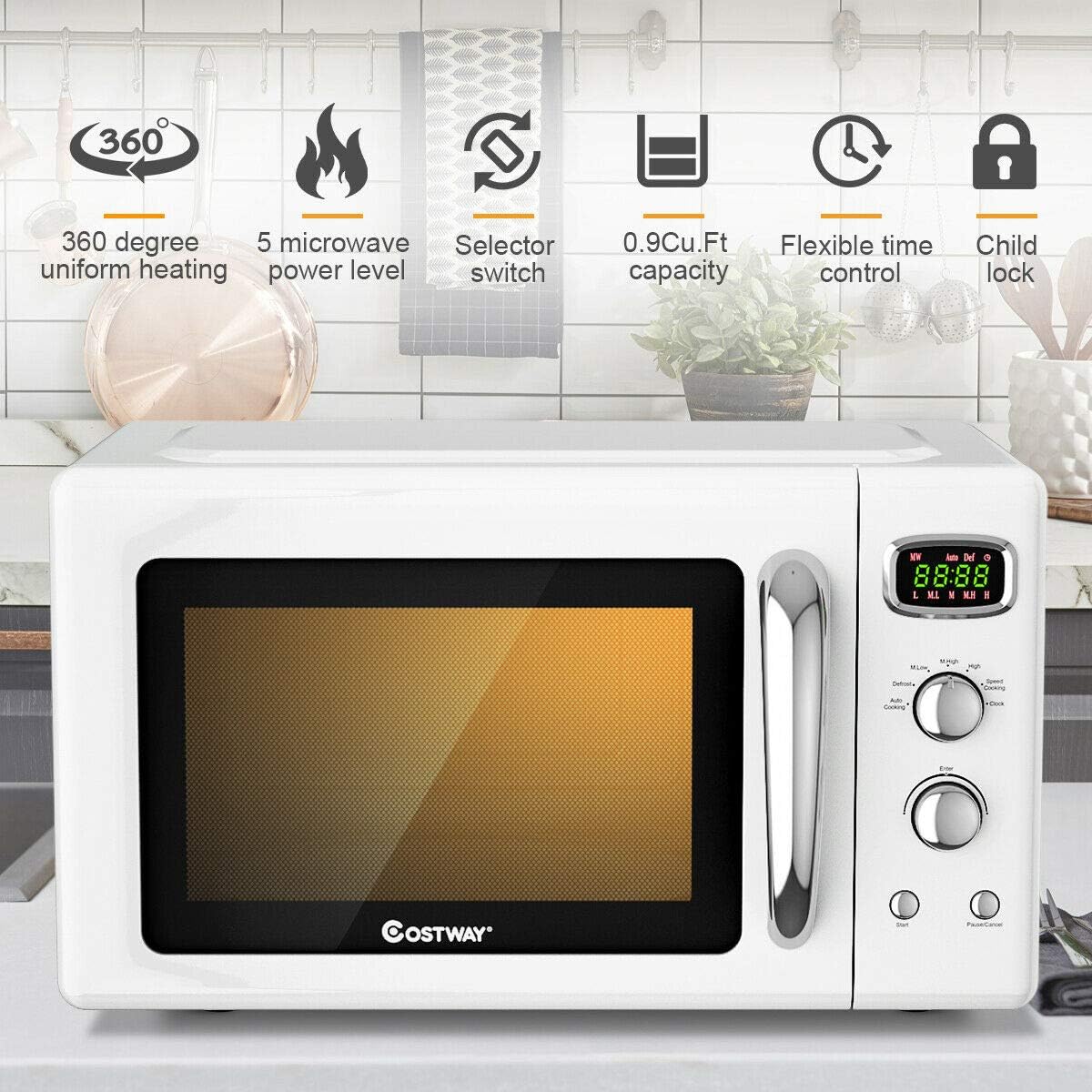 Horno Microondas Retro COSTWAY 0.9Cu.ft, 900W, 5 Potencias